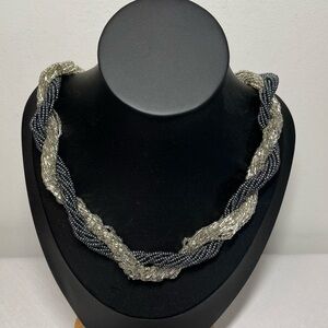 Vintage Multi Strand Seed Bead Necklace Black & White / Silver